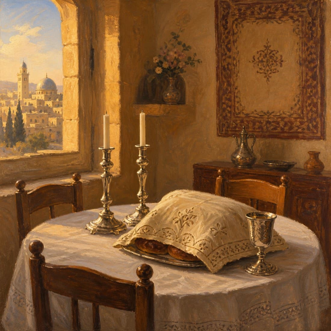 A painted Shabbos table with candles and challah, Jerusalem in the window